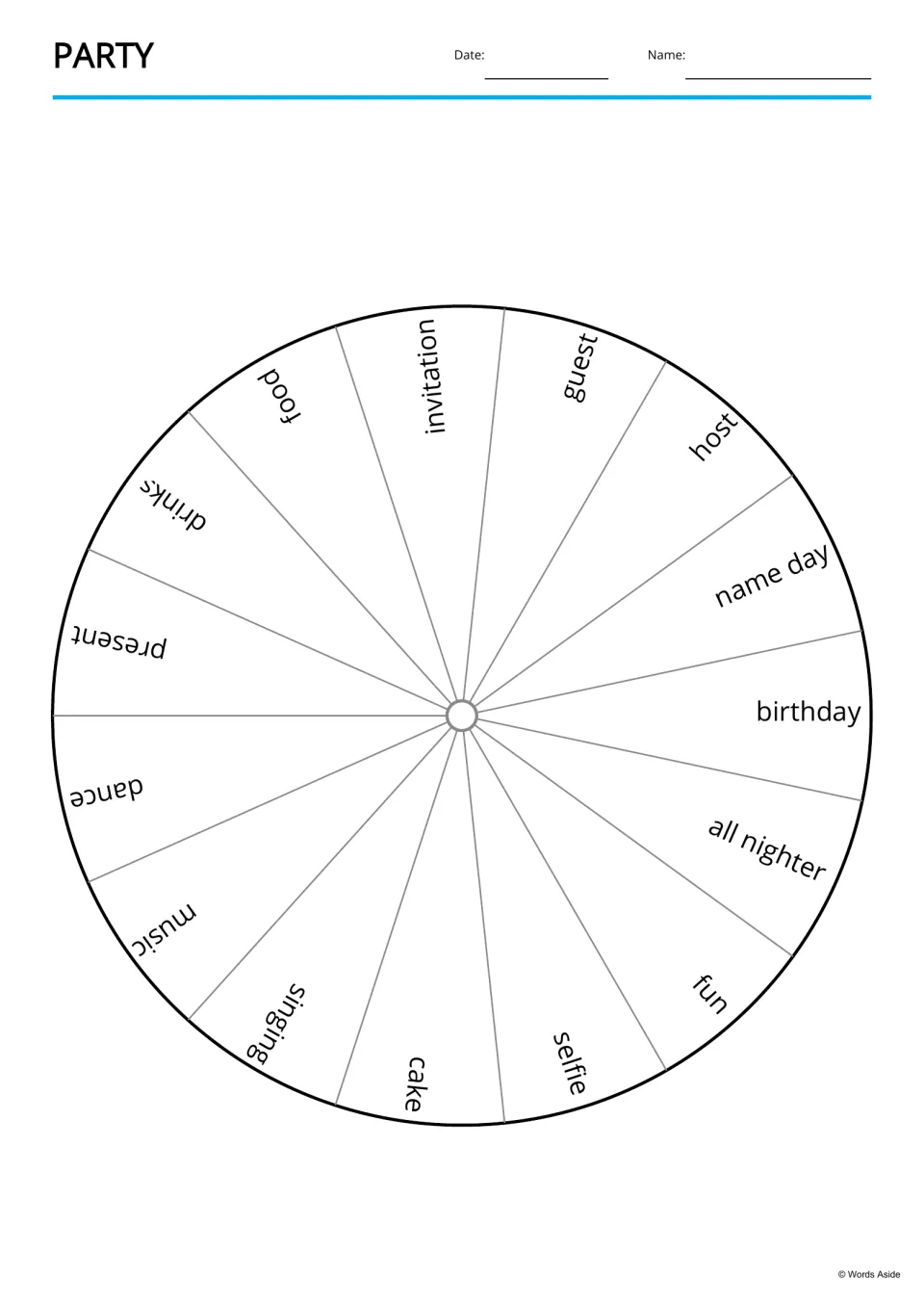 Party word wheel: 15 vocabulary words including invitation, guest, name day and selfie printed around a divided circle