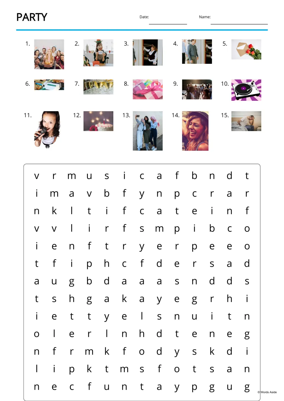 Party word search: students find 15 hidden words in a letter puzzle, using 15 numbered photo clues like a cake and a gift