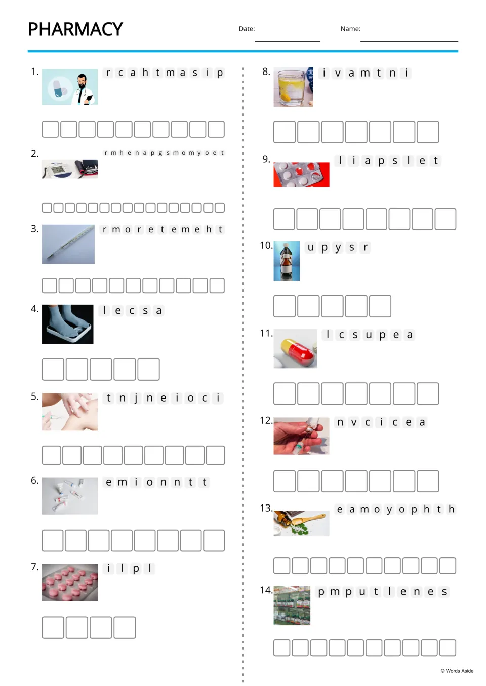 Pharmacy anagrams: students unscramble 14 words like pharmacist and vitamin, using a photo clue for each