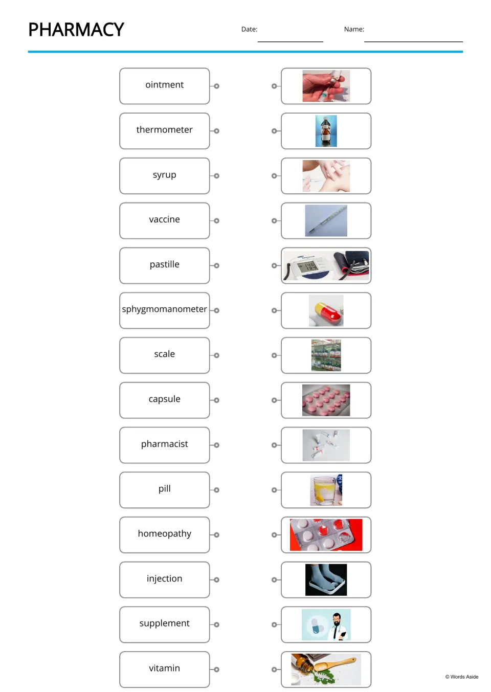 Pharmacy word-to-picture match: students link 14 words, from ointment to vitamin, to photos of syrup, pills and more