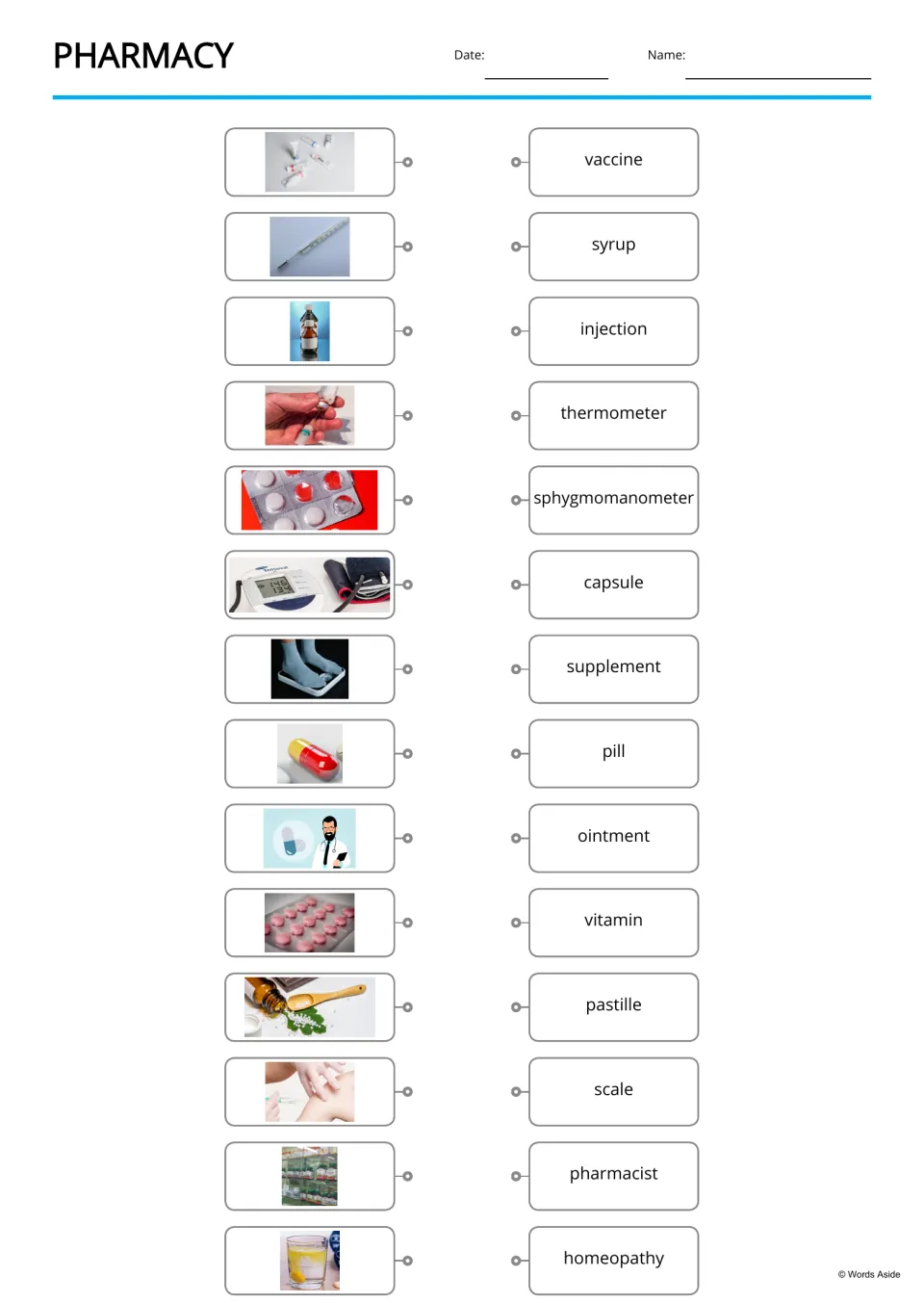 Pharmacy picture-to-word match: students link photos such as a thermometer and syrup bottle to 14 medicine terms