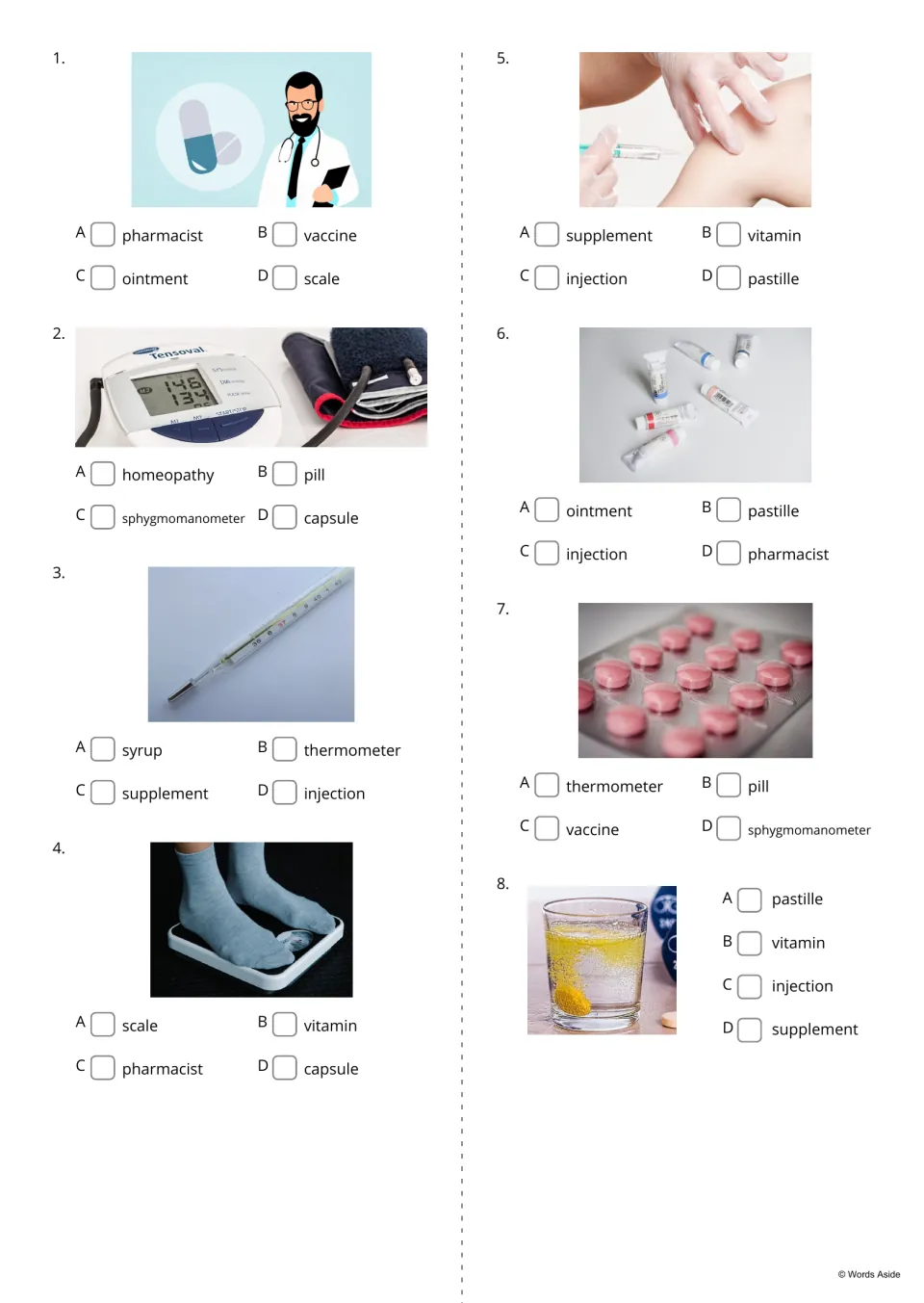 Pharmacy multiple choice, items 1-8: students look at each photo and tick the correct word from four options