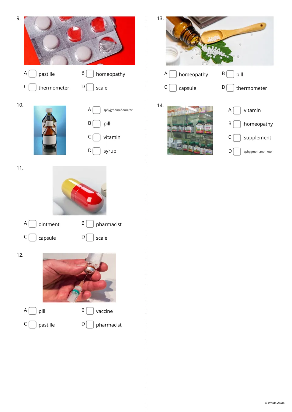 Pharmacy multiple choice, items 9-14: students tick the word for photos of pastilles, syrup, a capsule and supplements