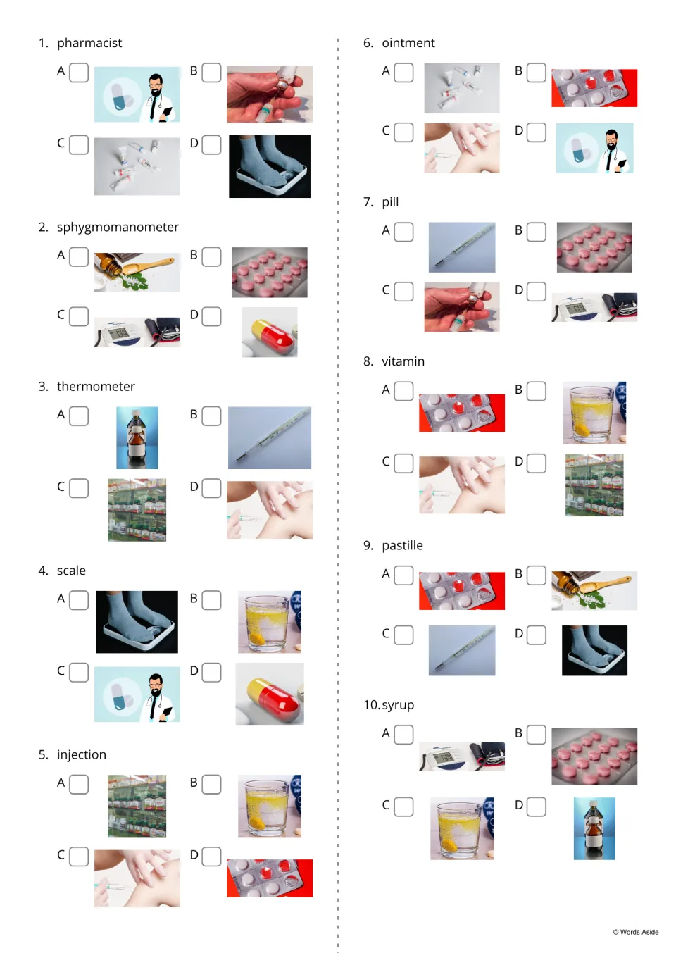 Pharmacy word-to-photo quiz, items 1-10: students read a word such as thermometer and tick the matching picture
