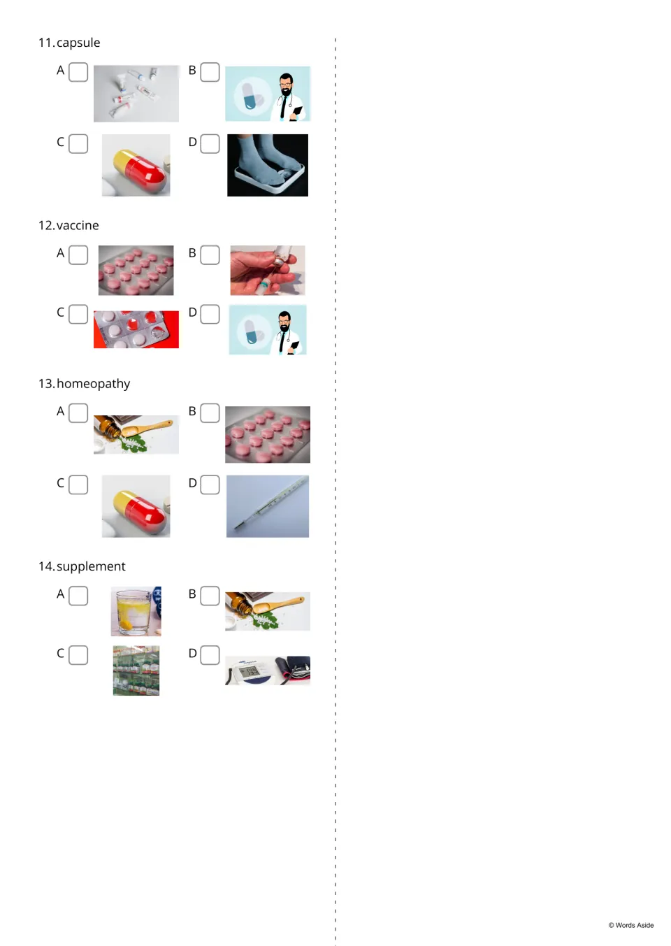 Pharmacy word-to-photo quiz, items 11-14: students tick the picture for capsule, vaccine, homeopathy and supplement