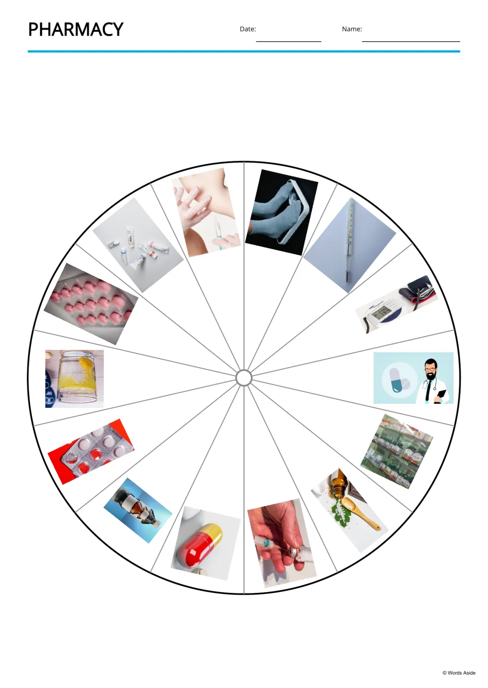 Pharmacy picture wheel showing 14 photos, including pills, a bathroom scale, a thermometer and a blood pressure monitor