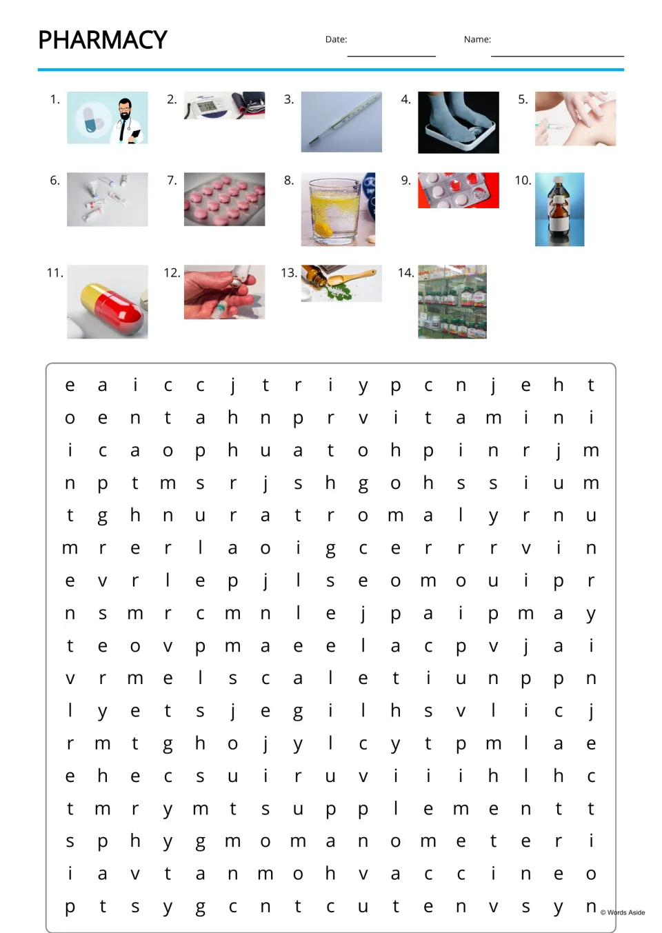 Pharmacy word search: students find 14 medicine words hidden among letters, using numbered photos as clues