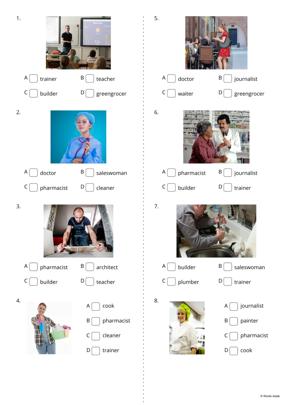 Job photo quiz, items 1-8: students tick which of four words, such as teacher, doctor or plumber, names the worker shown
