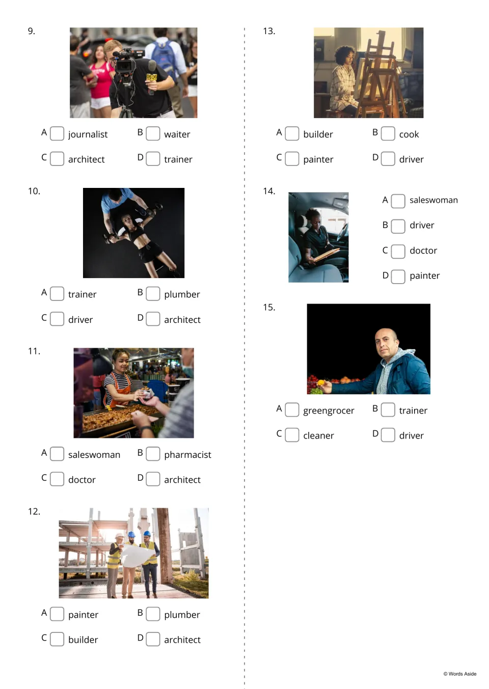 Job photo quiz, items 9-15: students choose journalist, trainer, saleswoman, architect or other options for each photo