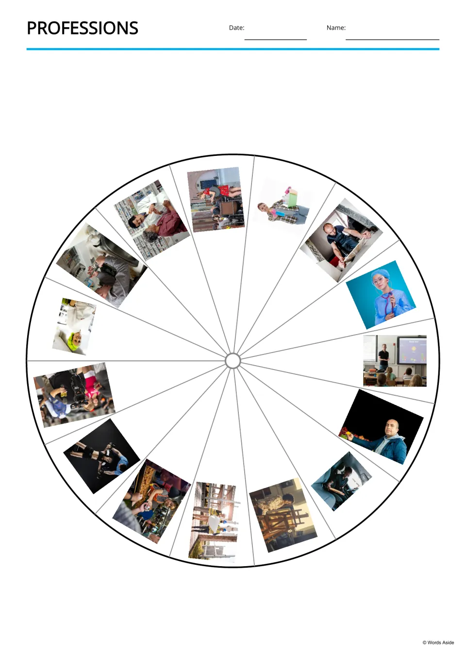 Professions photo wheel: 15 worker photos, including a teacher, doctor, chef and journalist, to match with job words