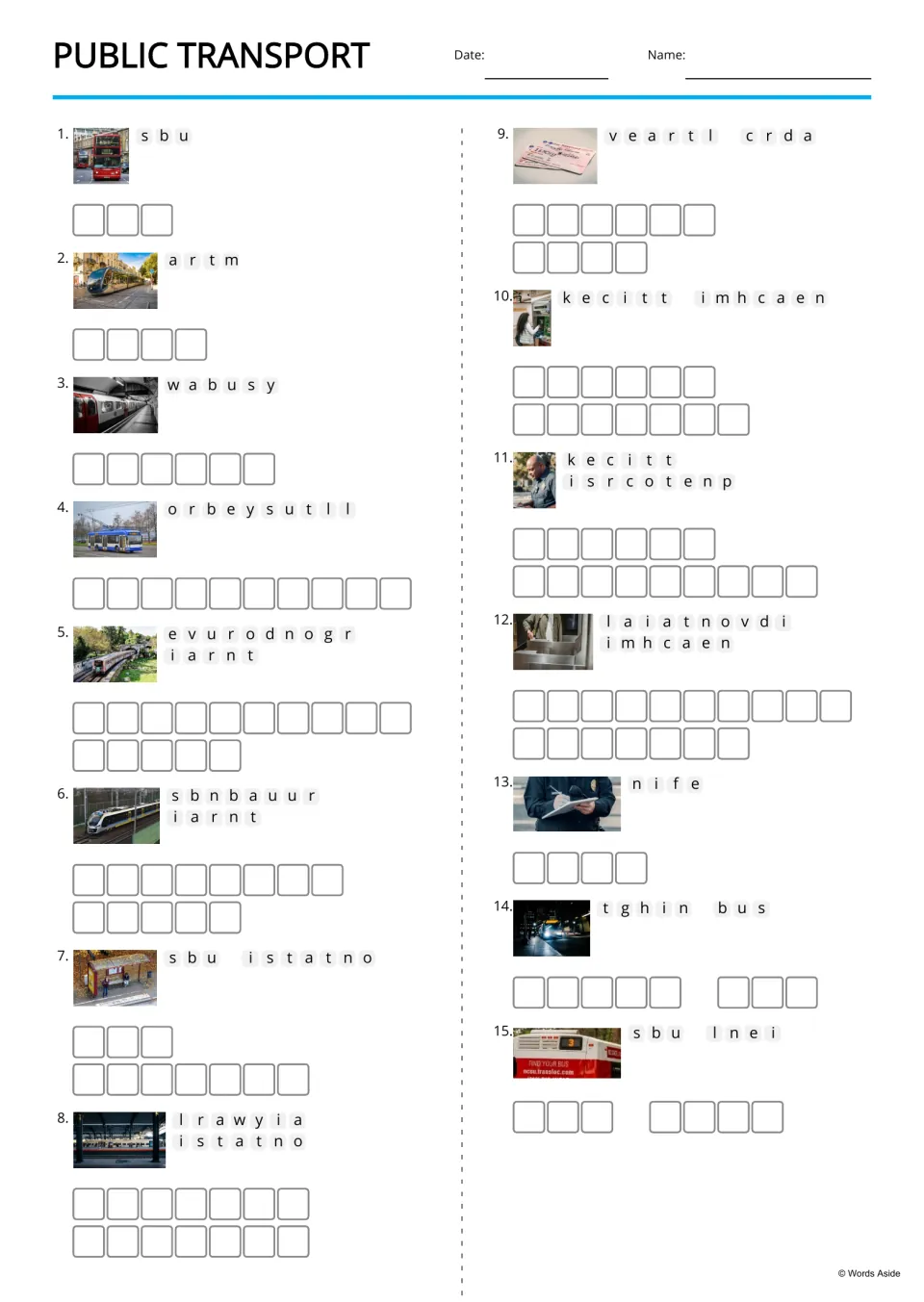 Public transport anagrams: students unscramble 15 words such as s b u and n i f e, writing each in letter boxes