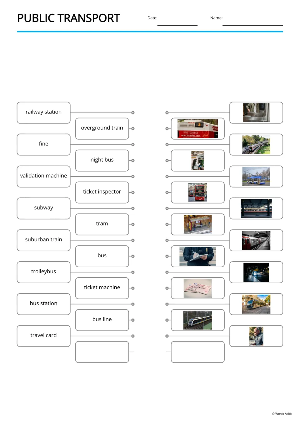 Public transport matching: students draw lines from 15 words like tram, fine and night bus to the photo of each one