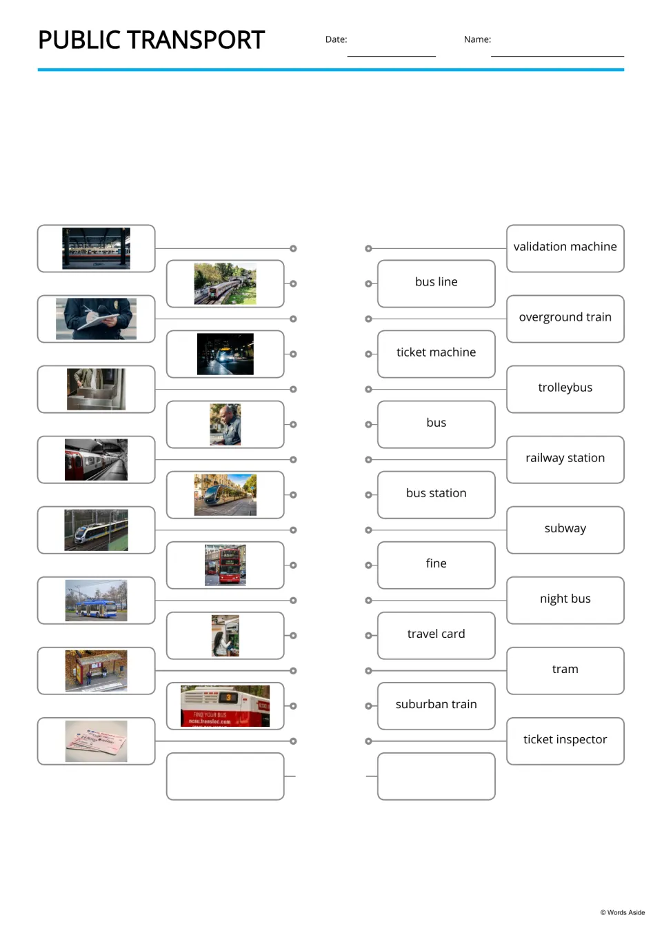 Picture-to-word matching: students join 15 transport photos to terms such as bus line, ticket machine and trolleybus