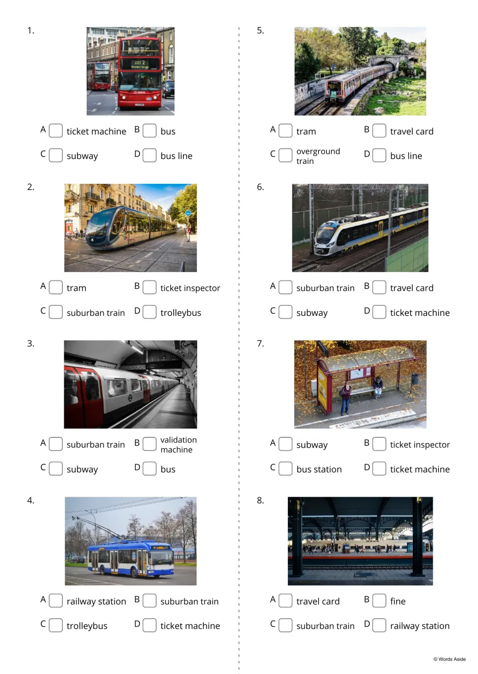 Transport vocabulary quiz, items 1-8: students tick the word for each photo, such as bus, tram, subway or trolleybus
