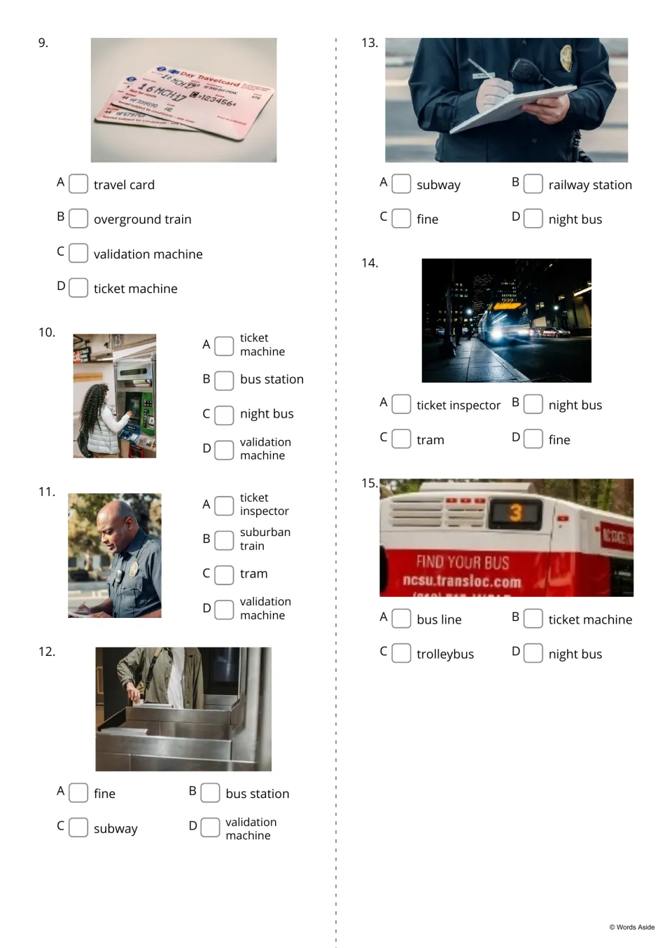 Multiple-choice items 9-15: students pick the term for photos of a travel card, ticket inspector, fine and night bus