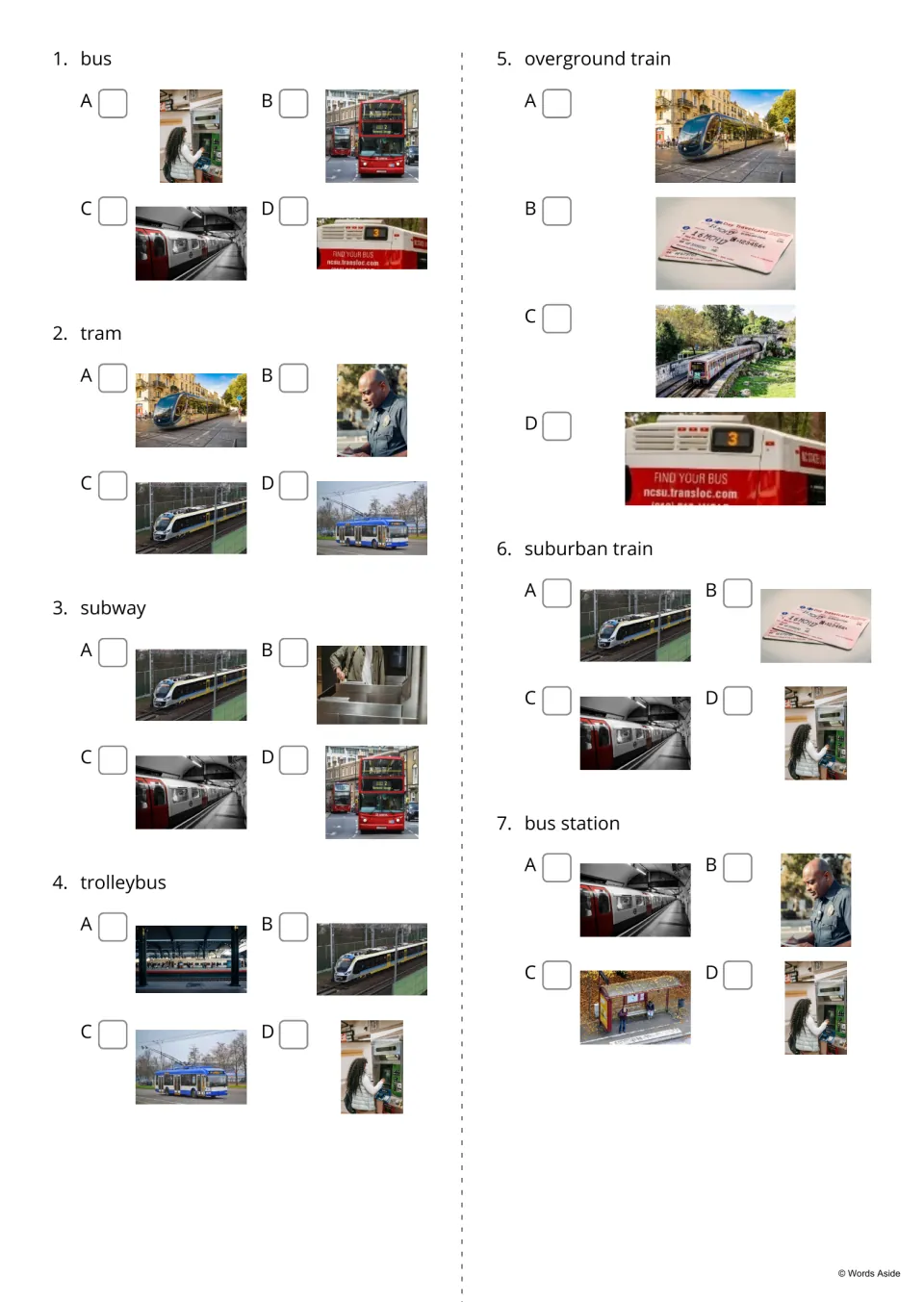 Word-to-picture quiz, items 1-7: students read a term like bus, tram or bus station and tick the matching photo