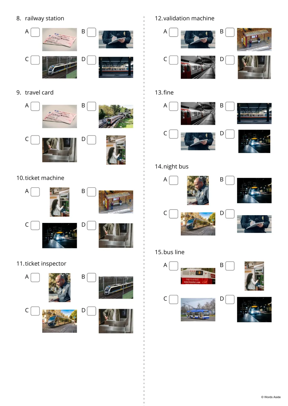Picture-choice quiz, items 8-15: students read railway station, travel card, fine or night bus and tick its photo