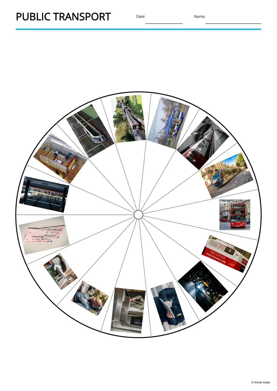 Transport picture wheel: 15 photos of buses, trains, a tram, a travel card and an inspector set around a circle