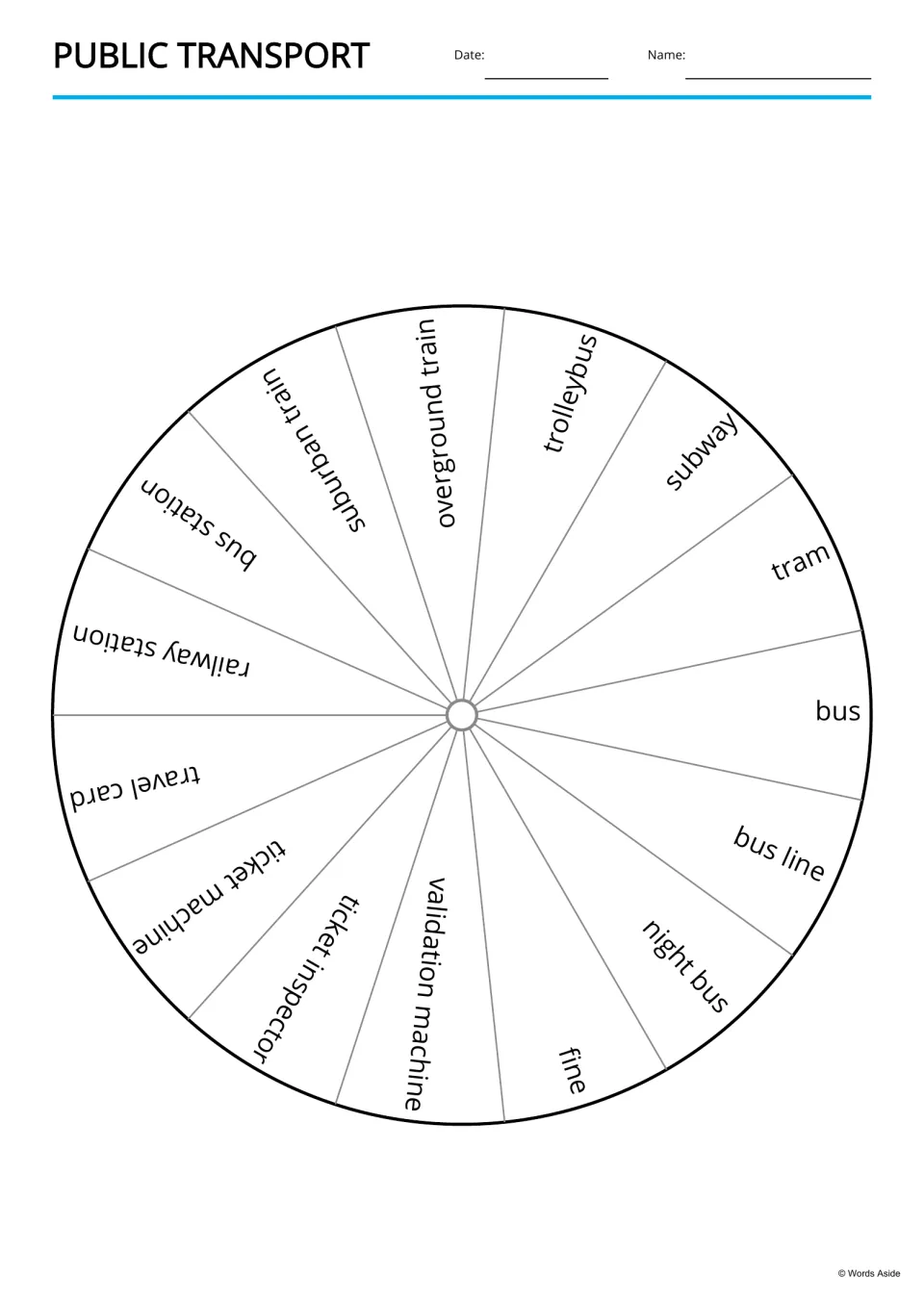 Transport word wheel: 15 terms from bus and tram to validation machine and ticket inspector printed around a circle