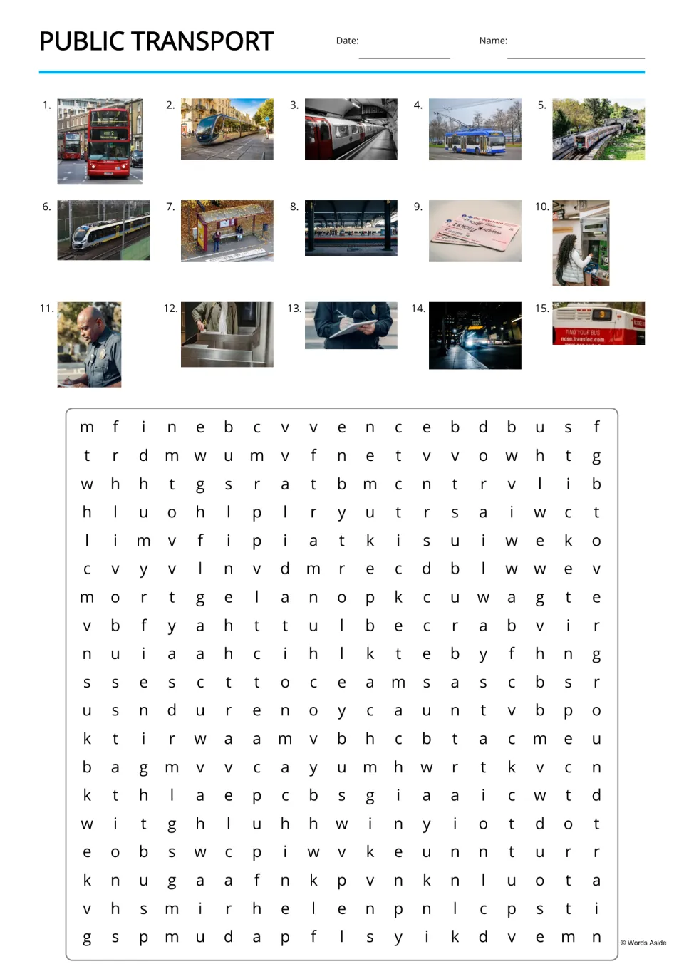 Public transport word search: students find 15 terms hidden among letters, using numbered photos 1-15 as clues