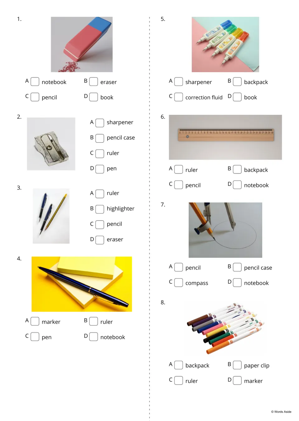 Name the school supply, items 1-8: students tick the word from A-D for each photo, such as an eraser or ruler