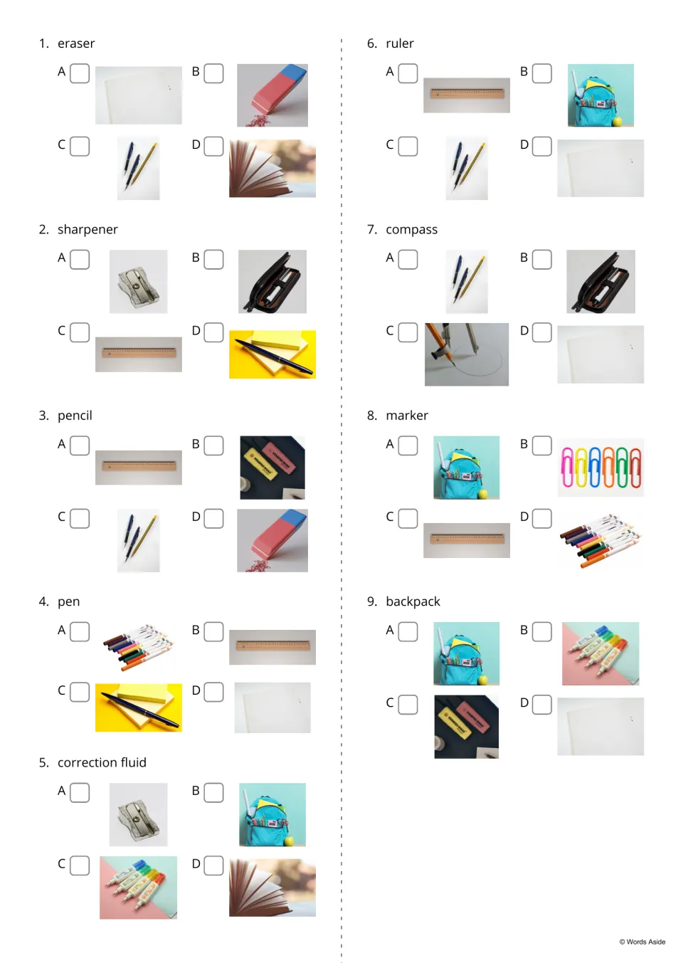Find the picture, items 1-9: students read words like eraser, sharpener and compass and tick the matching photo from A-D