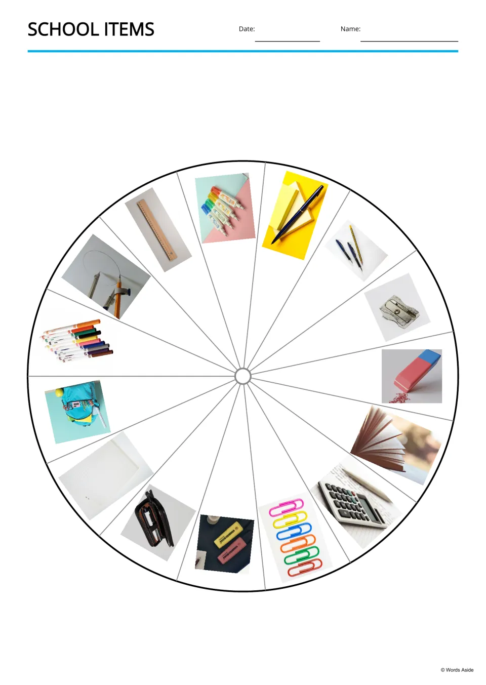 Picture wheel: 15 school supply photos including a ruler, pen, eraser, backpack and paper clips