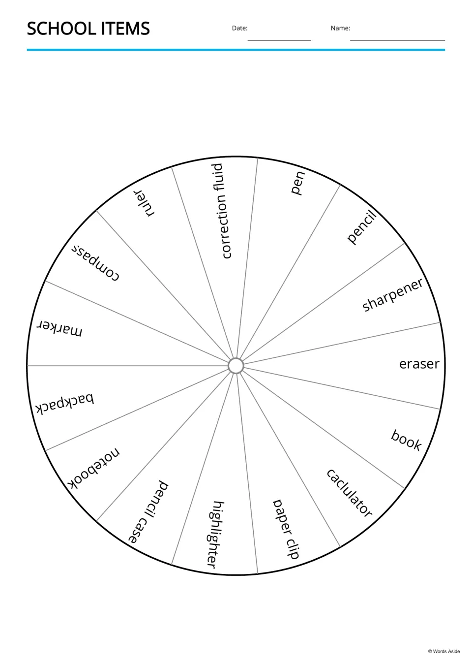 Word wheel: 15 names such as ruler, correction fluid, highlighter and paper clip, one per segment