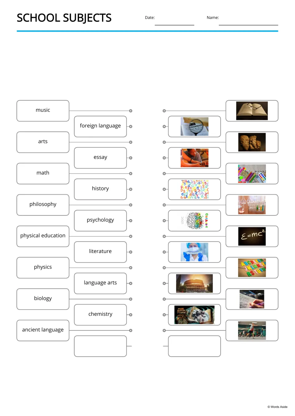 Word-to-picture matching for 15 school terms, including music, foreign language, arts, essay, and math