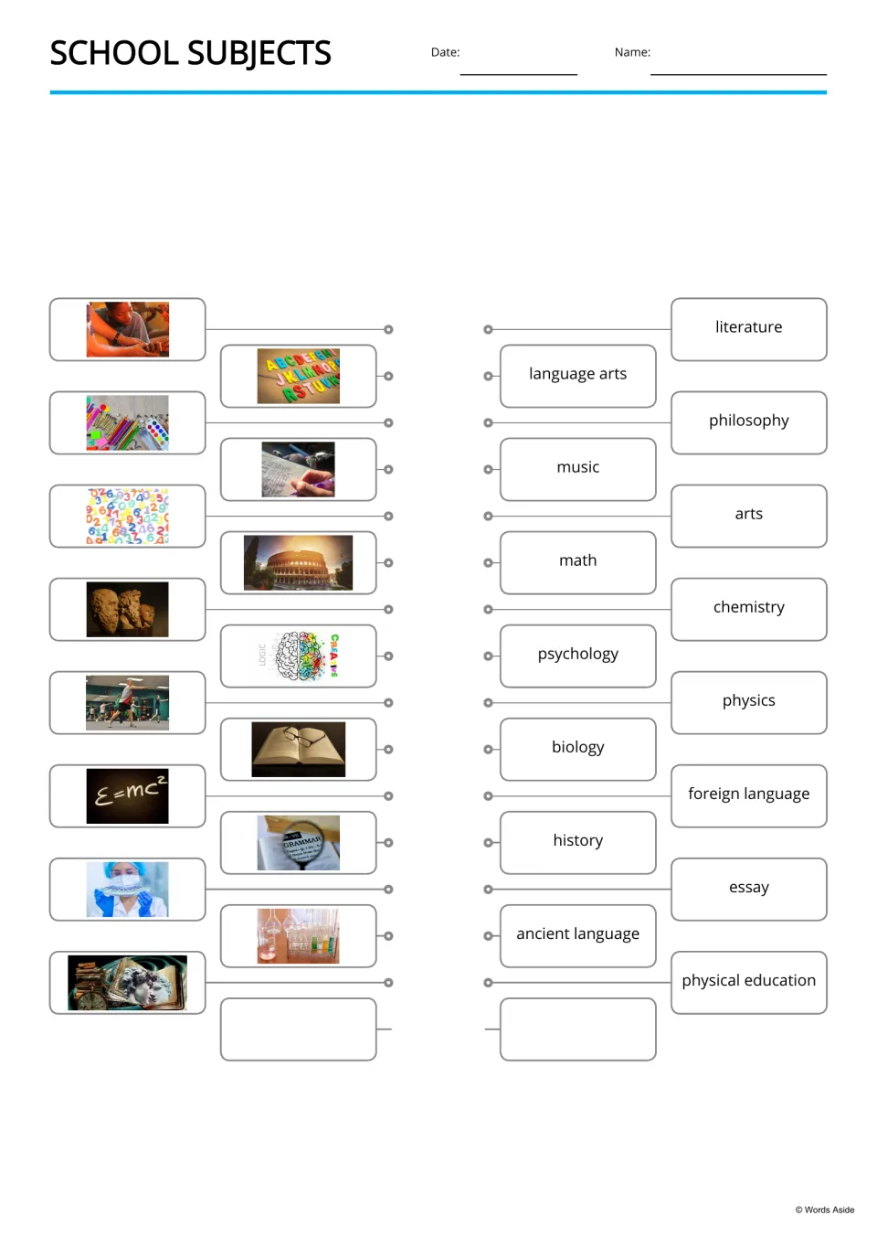 Picture-to-word matching for 15 school terms, including literature, language arts, philosophy, and music