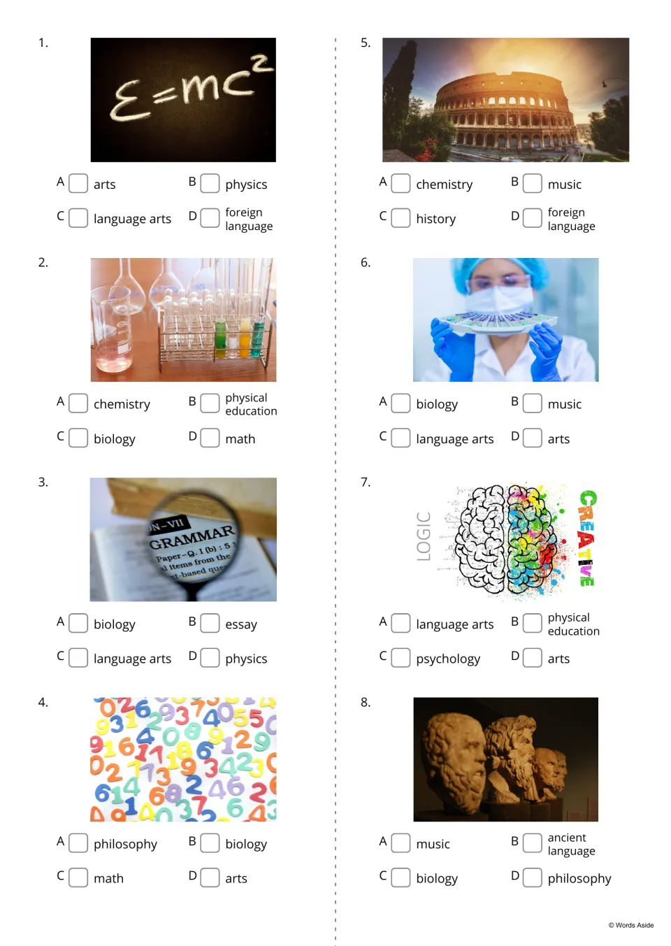 Picture-based school-subject quiz, questions 1–8, with four word choices for physics, chemistry, and more