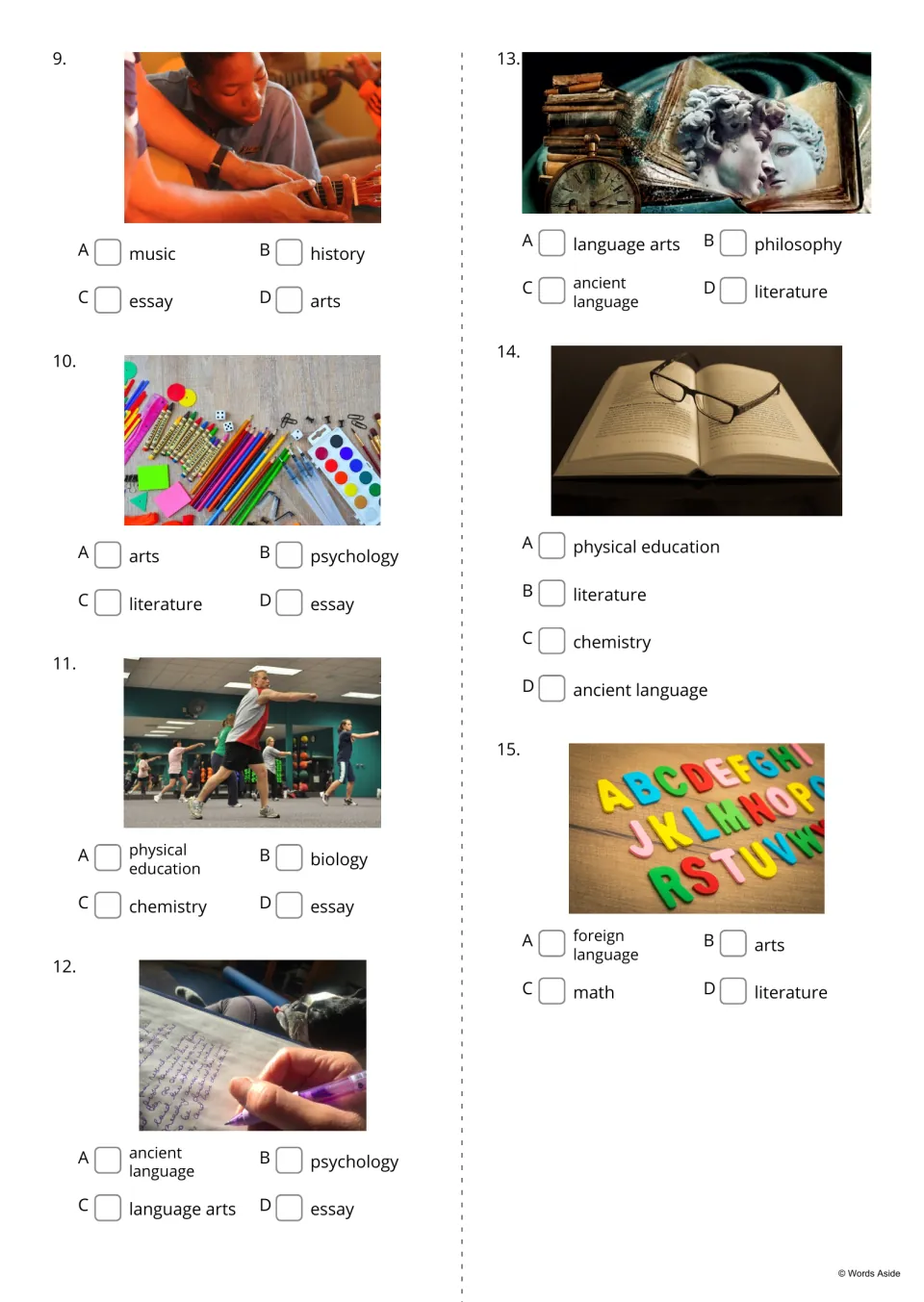 Picture-based school-subject quiz, questions 9–15, covering music, arts, physical education, and more