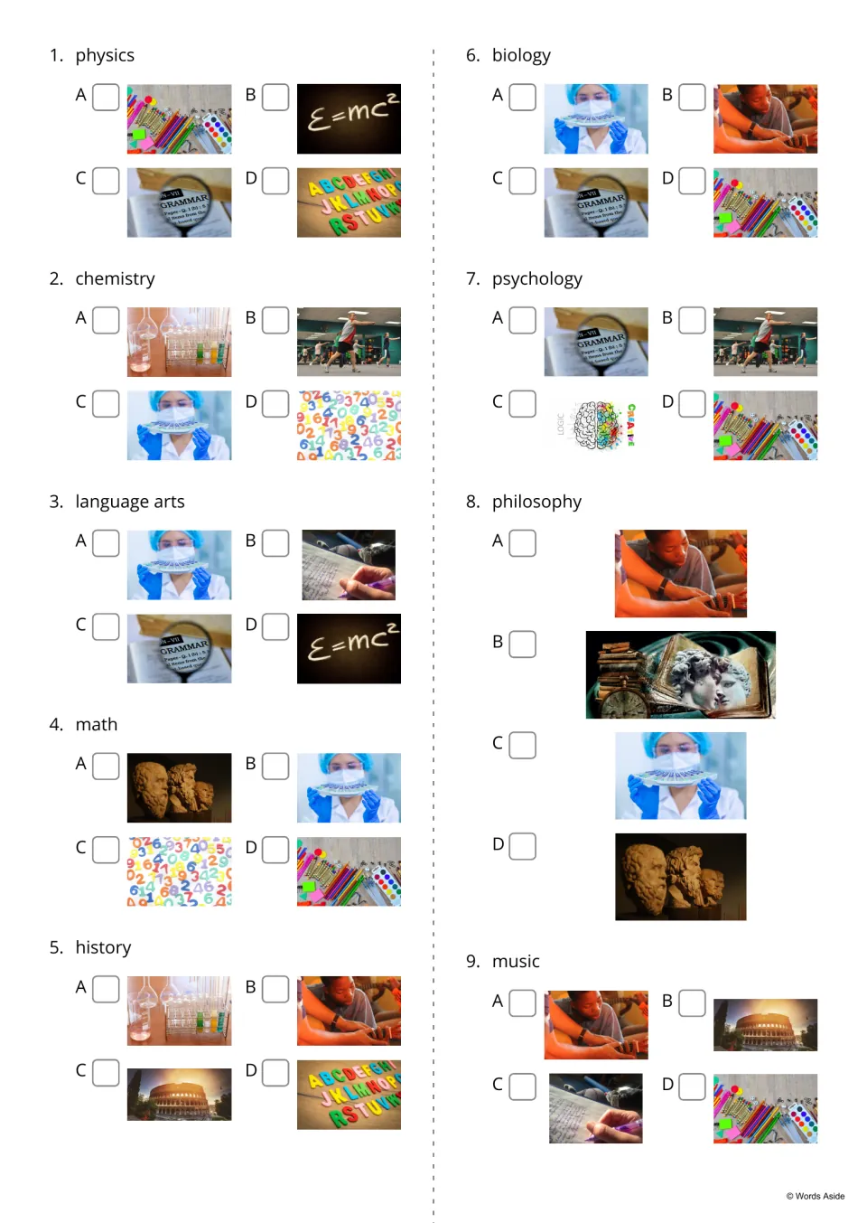 Word-based school-subject quiz, questions 1–9, asking students to choose pictures for physics and more