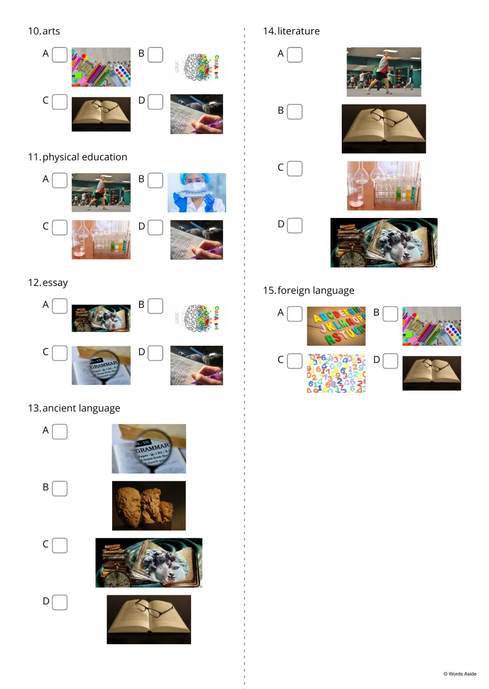 Word-based school-subject quiz, questions 10–15, with picture choices for arts, literature, and more