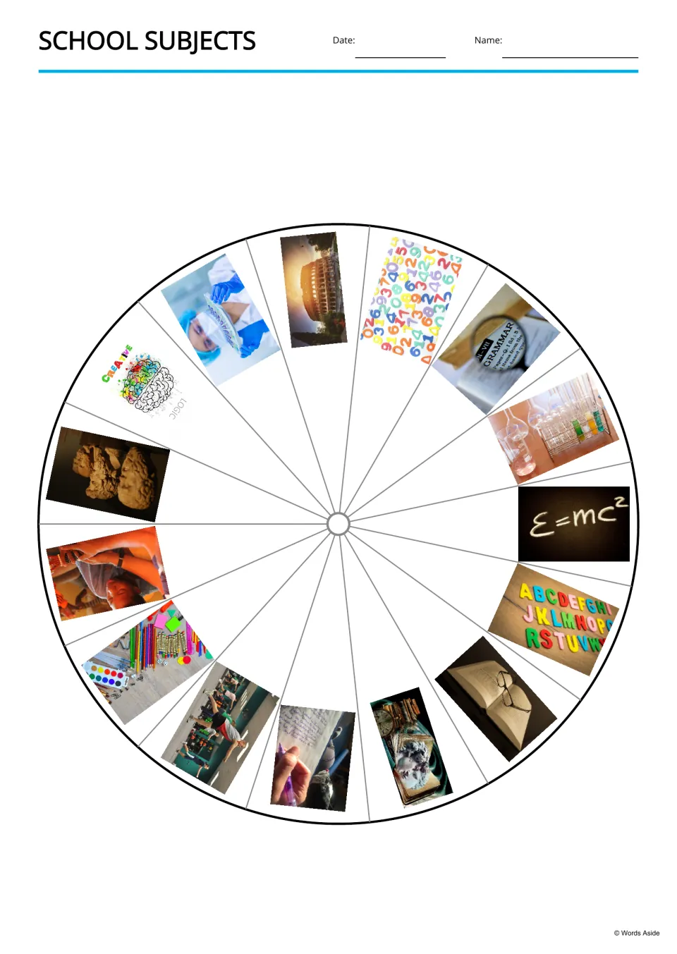 School-subject picture wheel with 15 images, including a guitar lesson, art supplies, and an open book