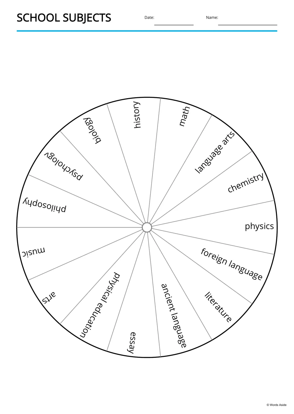 School-subject word wheel with 15 labels, including history, math, language arts, chemistry, and physics