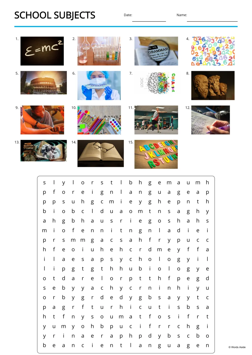 School-subject word search with 15 numbered picture clues for physics, chemistry, language arts, and more