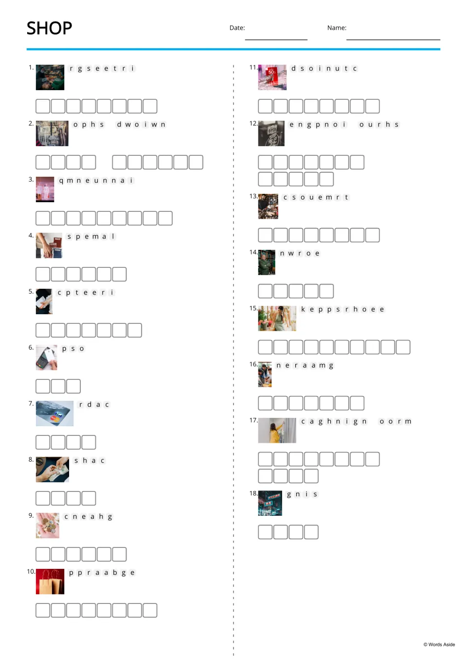 Shop anagrams: students unscramble 18 shopping words like receipt and mannequin, using a photo clue for each