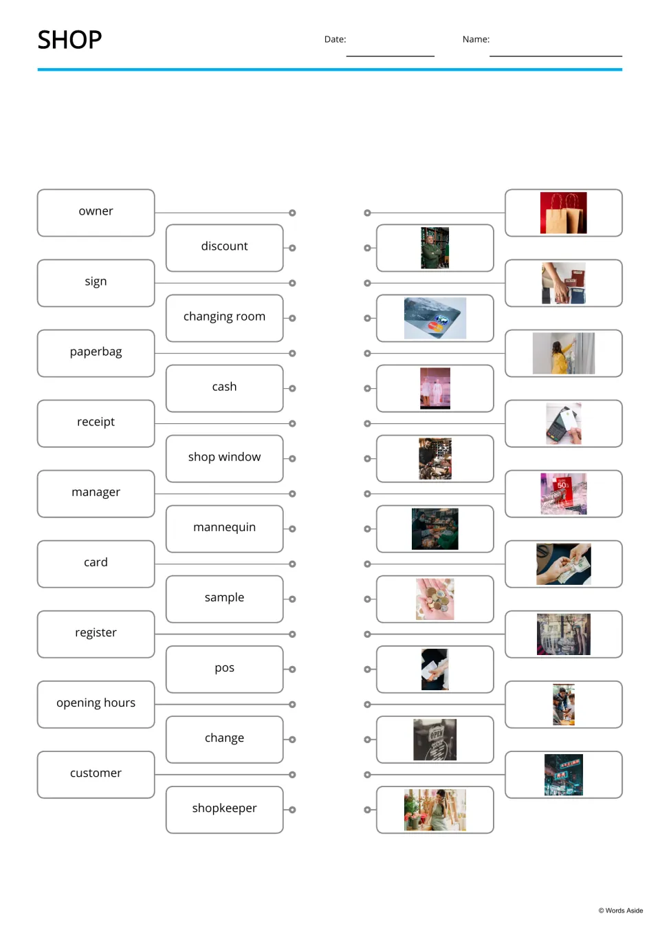 Shop vocabulary matching: students draw lines from 18 words such as owner, cash and shop window to the matching photos