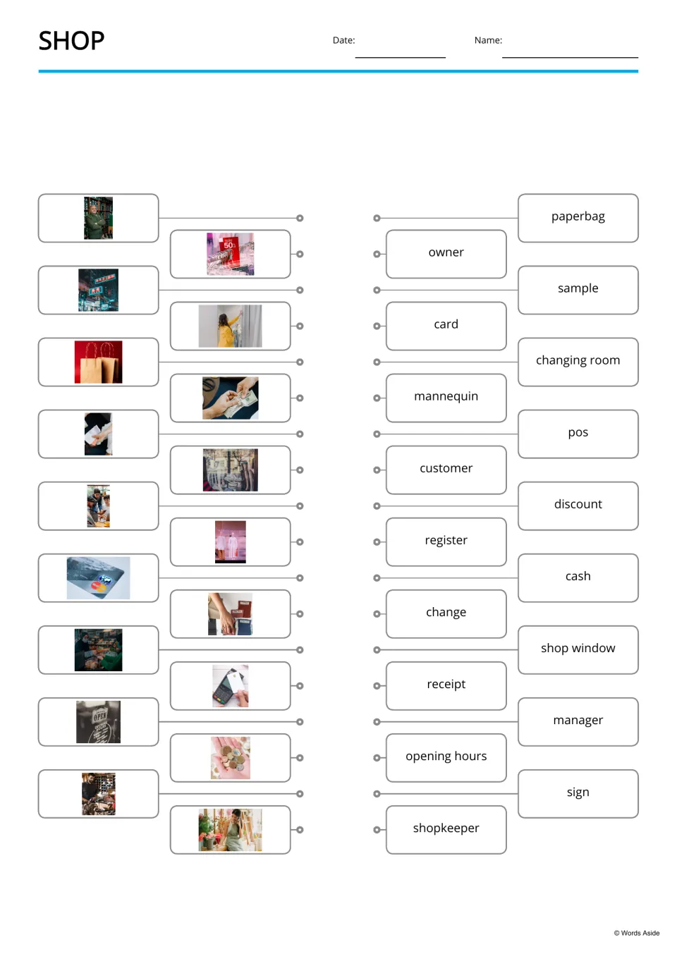 Shop picture matching: students connect each of 18 shop photos to its word, such as paperbag, sample or pos