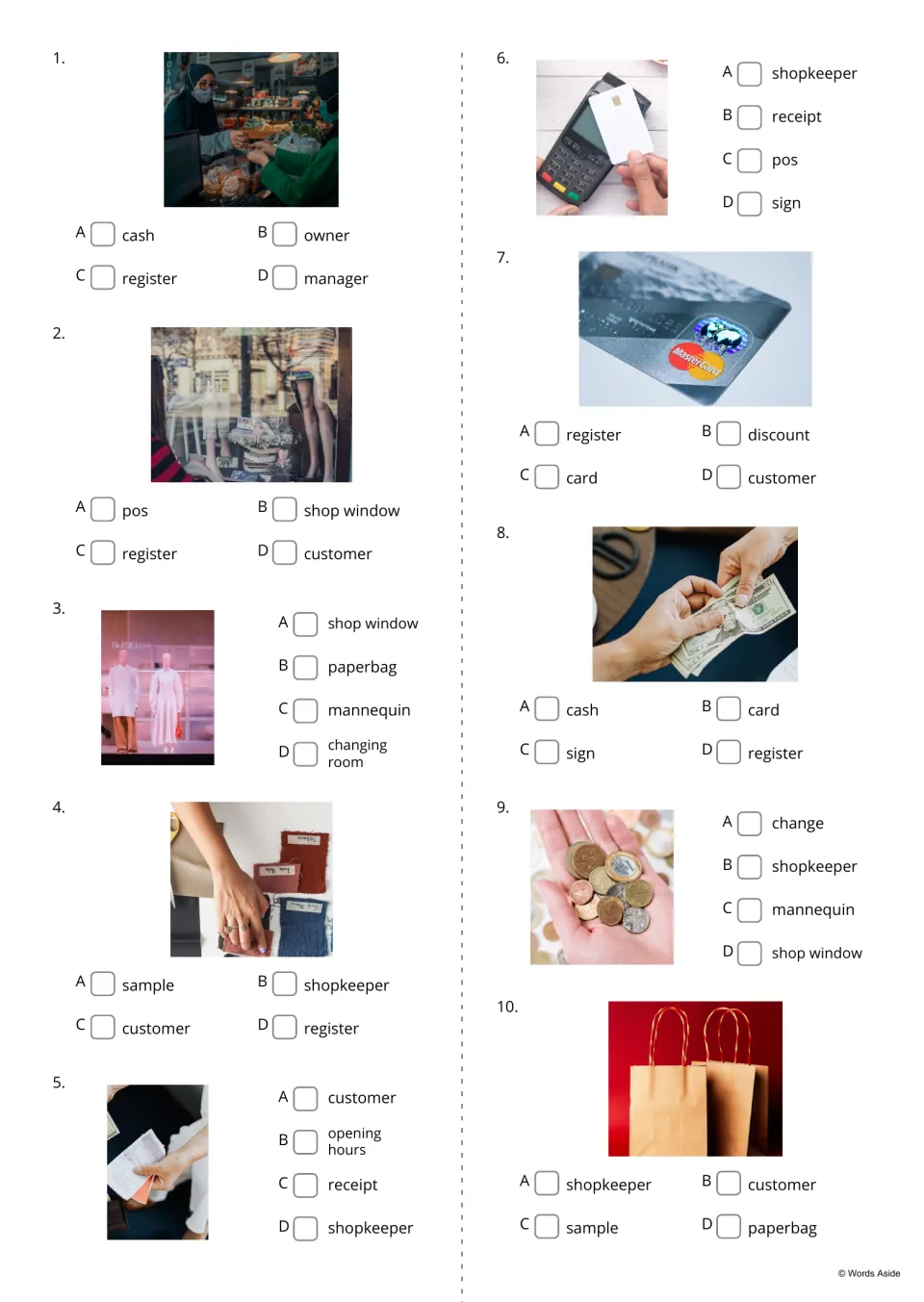 Shop vocabulary quiz items 1-10: students tick which of four words, like cash or register, names each shopping photo