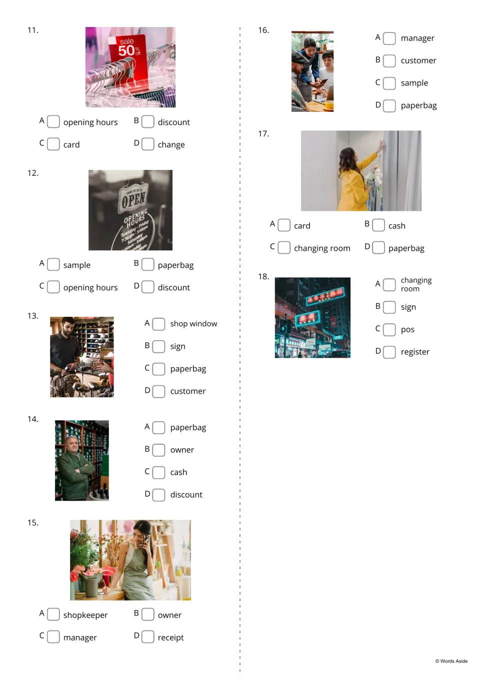 Shop vocabulary quiz items 11-18: students choose the word for photos of a sale sign, opening hours sign and a shop owner