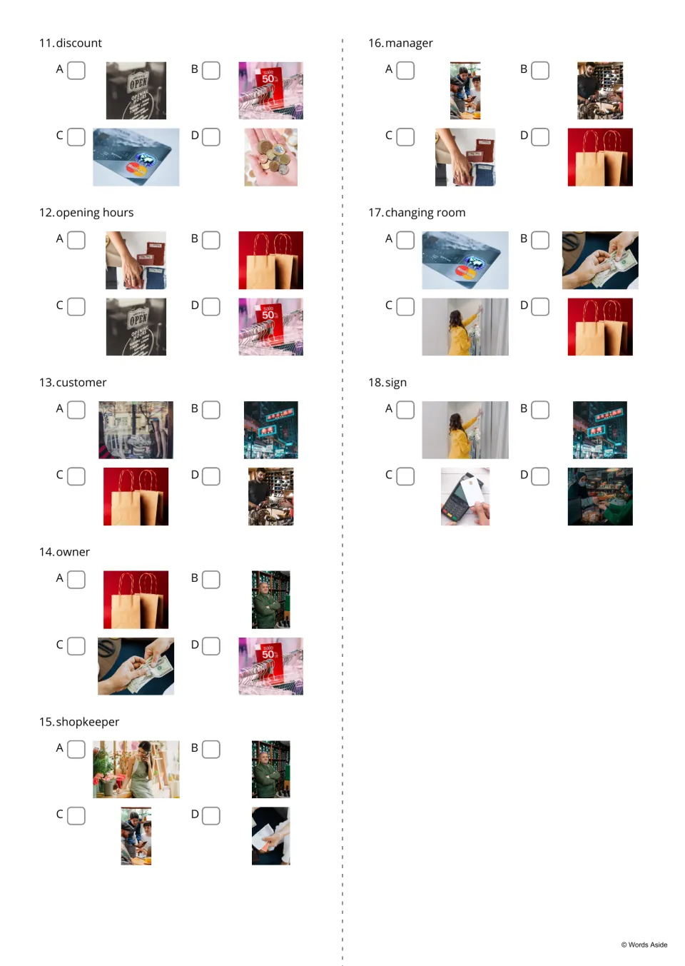 Shop words 11-18: for discount, opening hours, customer, owner and more, students tick the matching photo from four