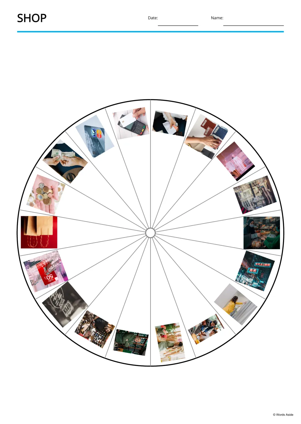 Shop picture wheel cut-out piece: 18 photos such as a card reader, coins and a mannequin around a divided circle
