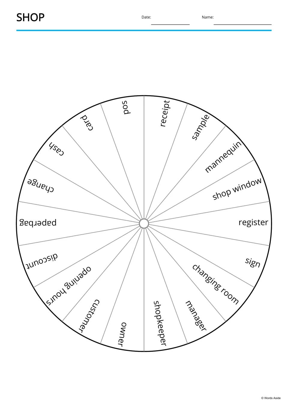 Shop word wheel cut-out piece: 18 shopping words including pos, receipt, register and owner printed around a circle