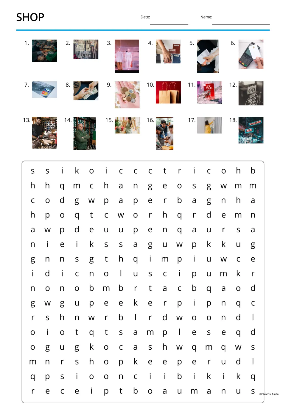 Shop word search: students find 18 shopping words hidden in the letters, using numbered photo clues like a card and cash