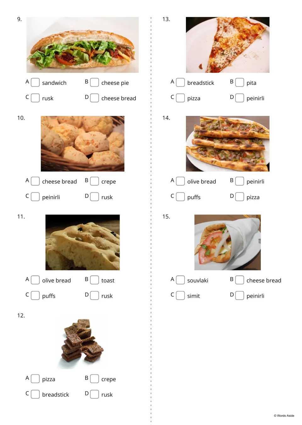 Snack picture quiz, items 9-15: students tick the name for photos of a sandwich, cheese bread, rusk, pizza and souvlaki
