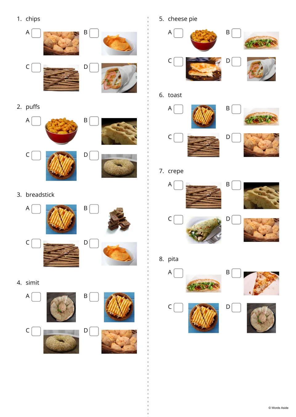 Find the picture, items 1-8: students read a snack word such as puffs, toast or pita and tick the matching photo of four