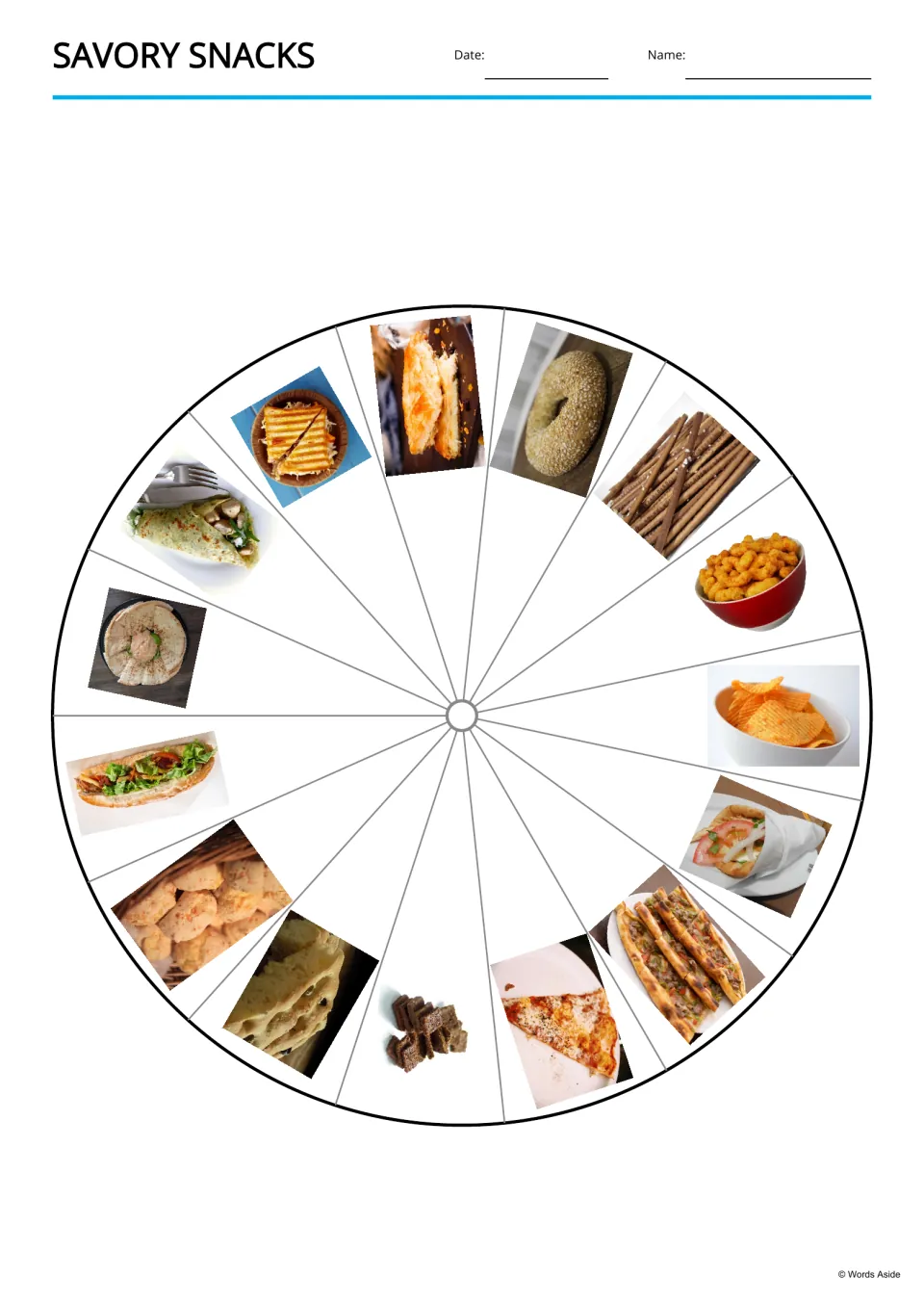 Savory snacks picture wheel: a circle split into 15 wedges, each with a photo of one snack such as chips, pizza or crepe