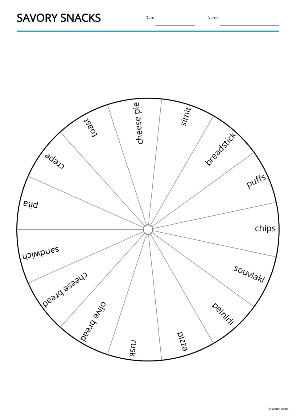Savory snacks word wheel: 15 wedges labeled with snack names including cheese pie, simit, breadstick, rusk and pizza